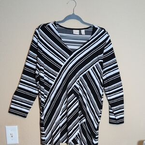 Chico's Black and White Diagonal Stripe Long Sleeve Top